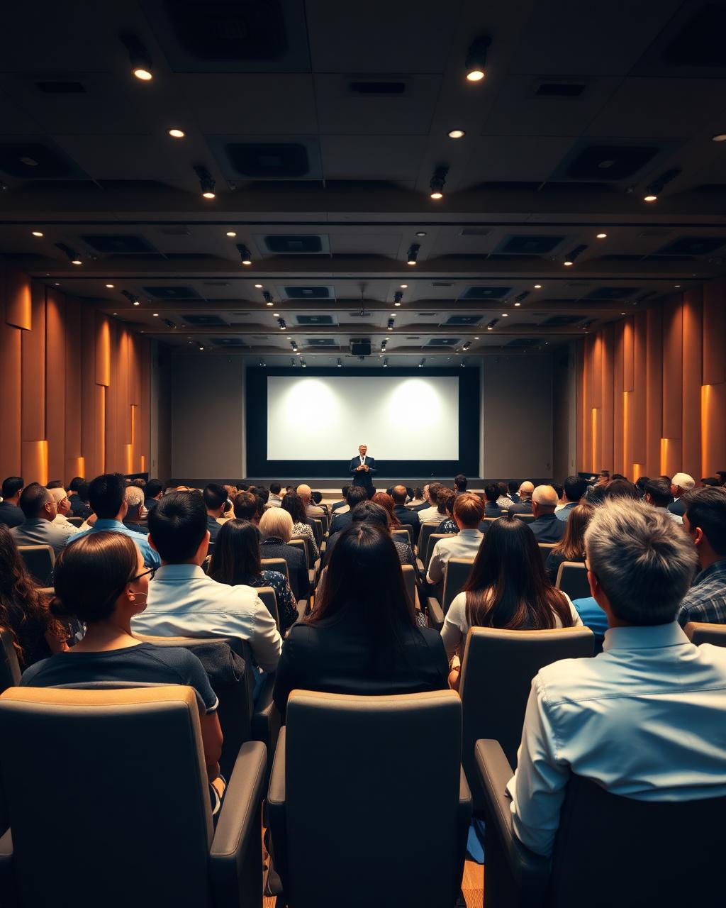 Auditório corporativo durante palestra com público atento